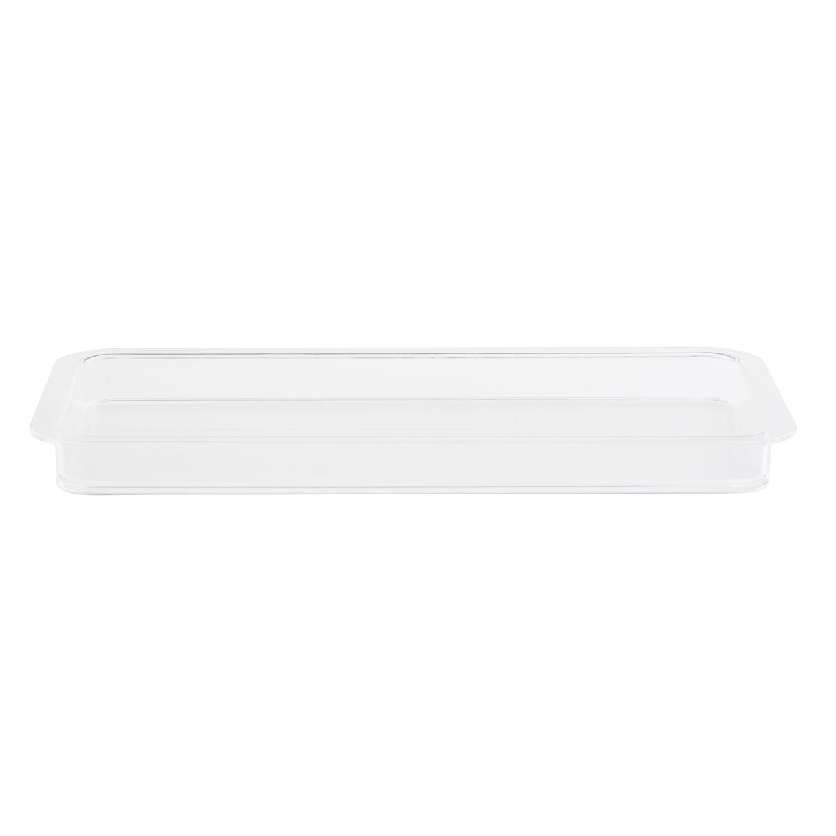 A clear, rectangular cake plate with slightly raised edges and rounded corners, photographed against a plain white background. This minimalist TableCraft cake plate features an empty, transparent design for versatile serving.