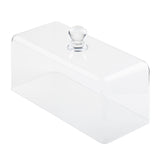 A clear rectangular cake cover with rounded edges and a small round handle on top, perfect for protecting or displaying baked goods or collectibles. This transparent cover sits neatly on any flat surface.