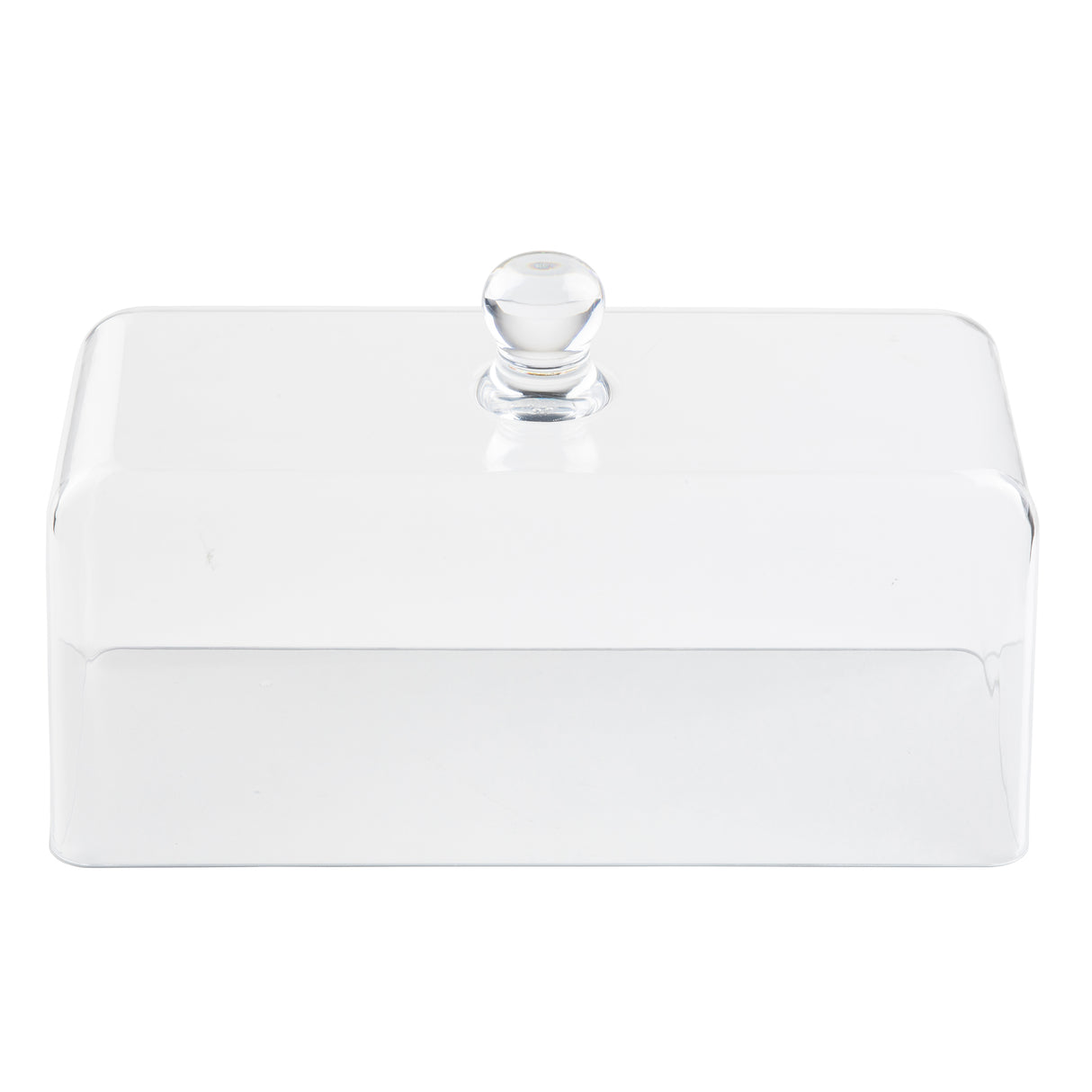 A clear, rectangular glass butter dish with a matching transparent lid and round knob handle on top. The dish, resembling a petite cake cover, is empty and photographed against a plain white background.