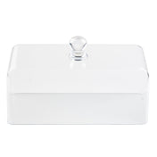A clear, rectangular glass butter dish with a matching transparent lid and round knob handle on top. The dish, resembling a petite cake cover, is empty and photographed against a plain white background.