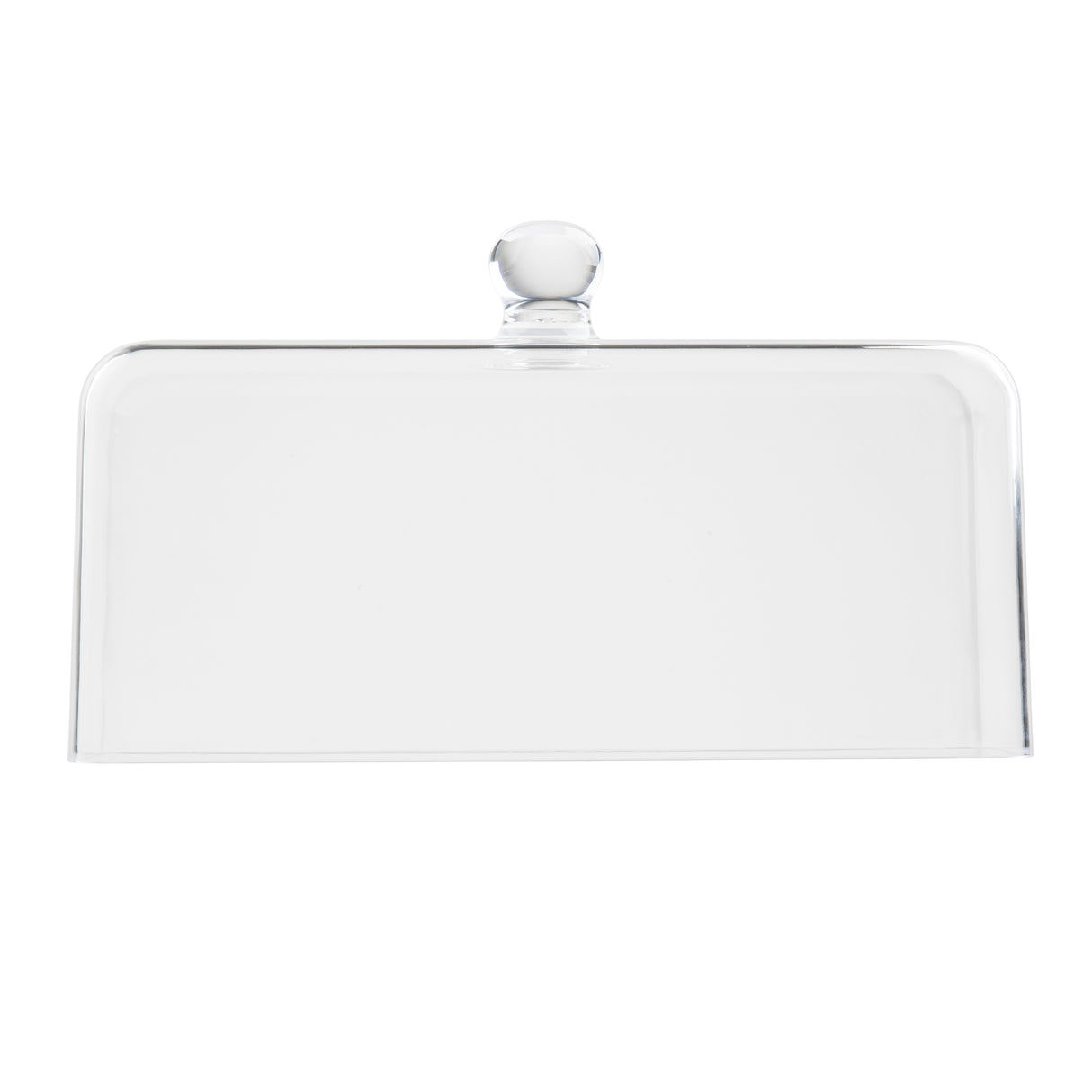 A clear rectangular cake cover with a round knob on top, photographed against a white background. The transparent, smooth glass dome lid is designed to cover and protect food items like cakes or pastries.
