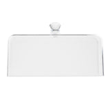 A clear rectangular cake cover with a round knob on top, photographed against a white background. The transparent, smooth glass dome lid is designed to cover and protect food items like cakes or pastries.