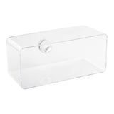 A clear rectangular acrylic storage box with rounded corners and a small circular handle on the front, set against a plain white background. The fully transparent design resembles a sleek cake cover, highlighting its smooth surfaces and edges.
