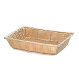 A rectangular, shallow hand-woven basket with a natural light brown color. The basket features woven polypropylene sides and bottom, slightly raised edges, diagonal reinforcing strips at the corners, and a thicker, wrapped rim on top.