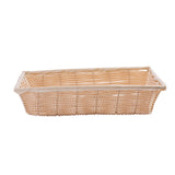 A rectangular hand-woven wicker basket with light beige fabric lining covering the rim and interior sides. The basket is empty and set against a plain white background.
