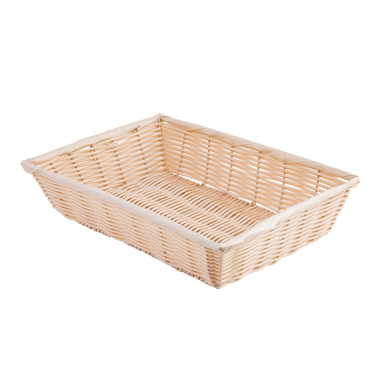 A rectangular, light-colored hand-woven wicker basket with a flat base and slightly flared sides, lined with thin, cream-colored fabric. The basket is empty and placed against a plain white background.