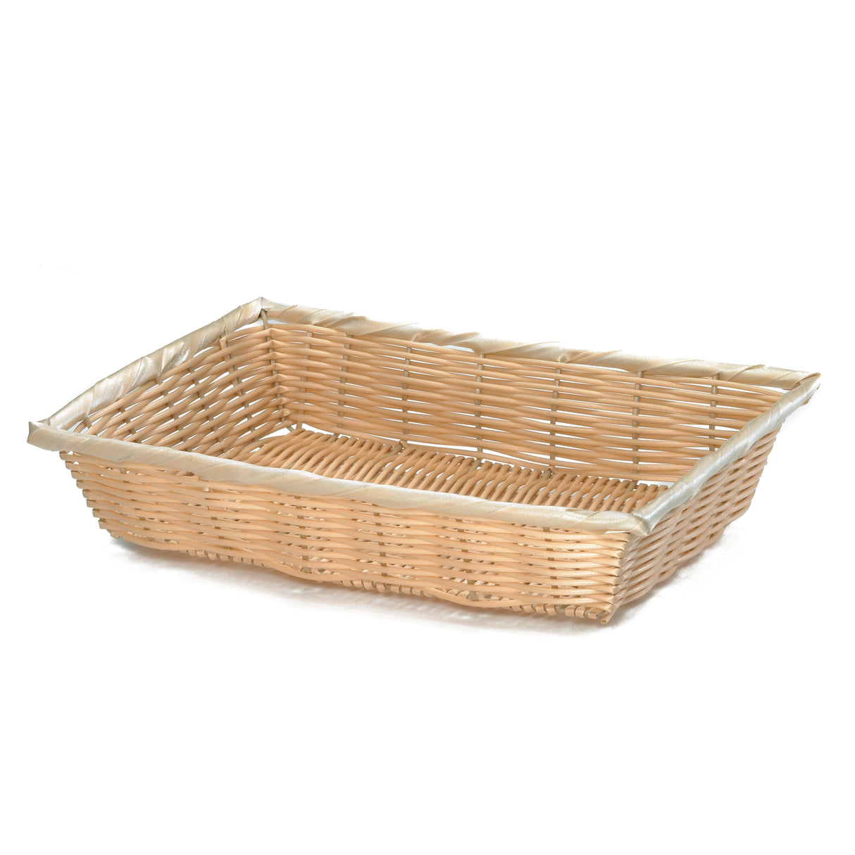 A rectangular, light brown hand-woven basket with low sides and an open top. Made from durable polypropylene, it features a tightly woven pattern and a slightly raised rim. It sits on a white background, empty and angled to show both the side and inside.