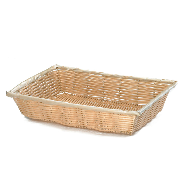 A rectangular, light brown hand-woven basket with low sides and an open top. Made from durable polypropylene, it features a tightly woven pattern and a slightly raised rim. It sits on a white background, empty and angled to show both the side and inside.