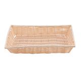 A rectangular, light brown hand-woven basket with an open top and upright sides, placed on a white background. The basket features a woven pattern and smooth rim, lending it a simple, rustic appearance.