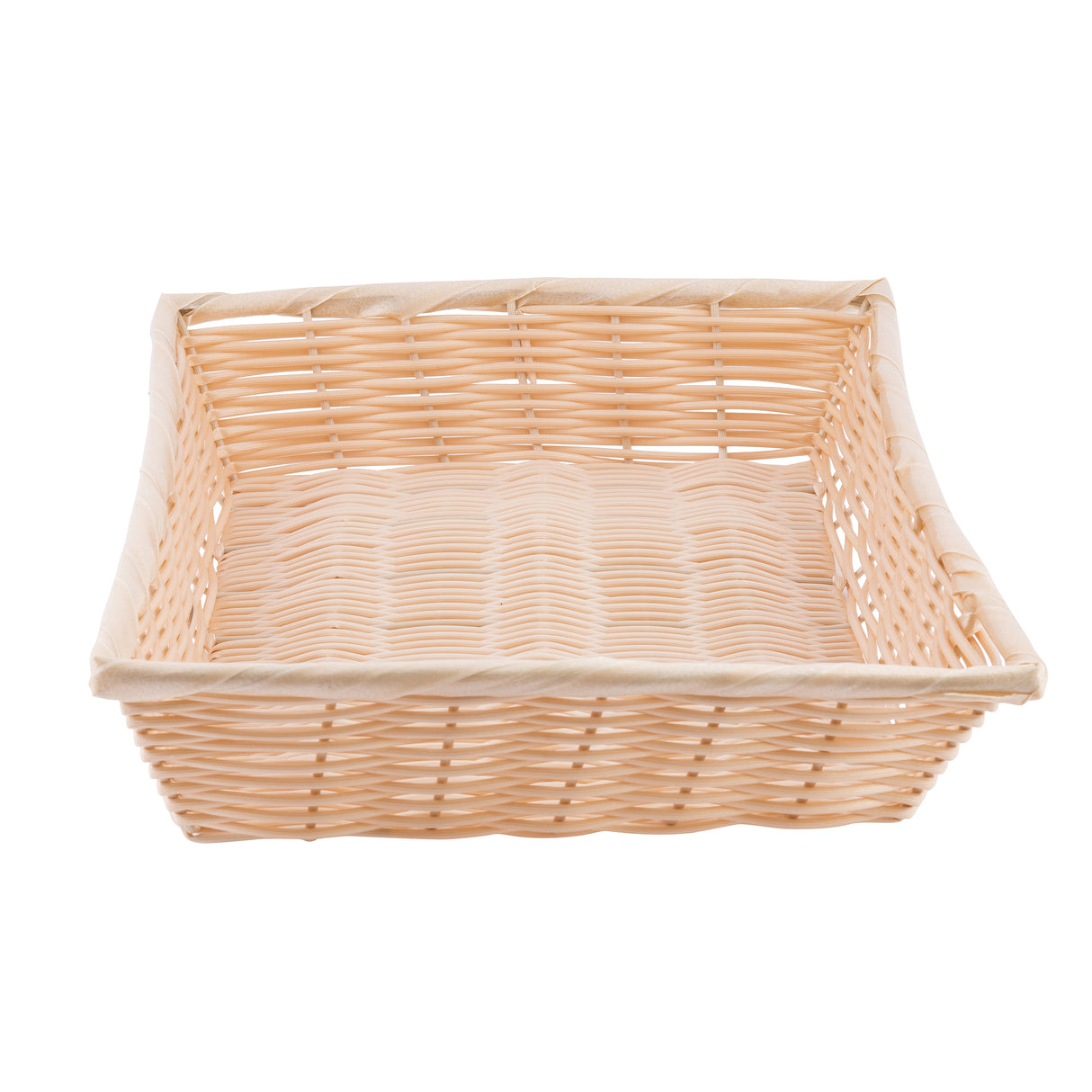 A square, light beige hand-woven wicker basket with a cream-colored fabric lining. The basket is empty, with visible weaving patterns and slightly rounded edges. Photographed on a white background with soft, even lighting.