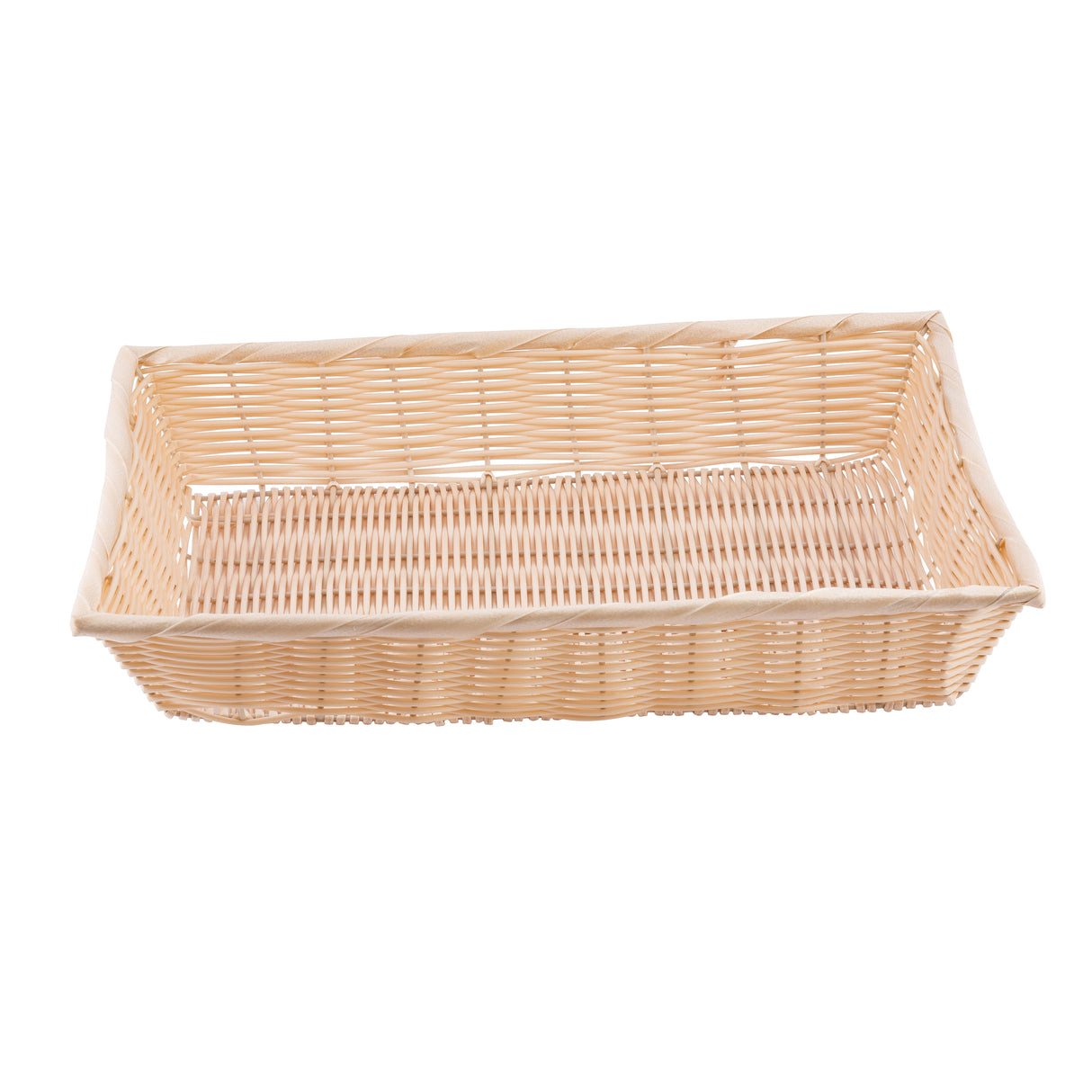 A rectangular, light tan basket made from hand-woven wicker with open sides and a flat base, placed against a plain white background. The basket is empty and features a simple, woven pattern throughout its structure.