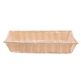 A rectangular, shallow hand-woven basket with tightly woven light tan reeds and slightly raised sides, shown empty against a white background. The rim is reinforced with a thicker, twisted piece of wicker for added stability.