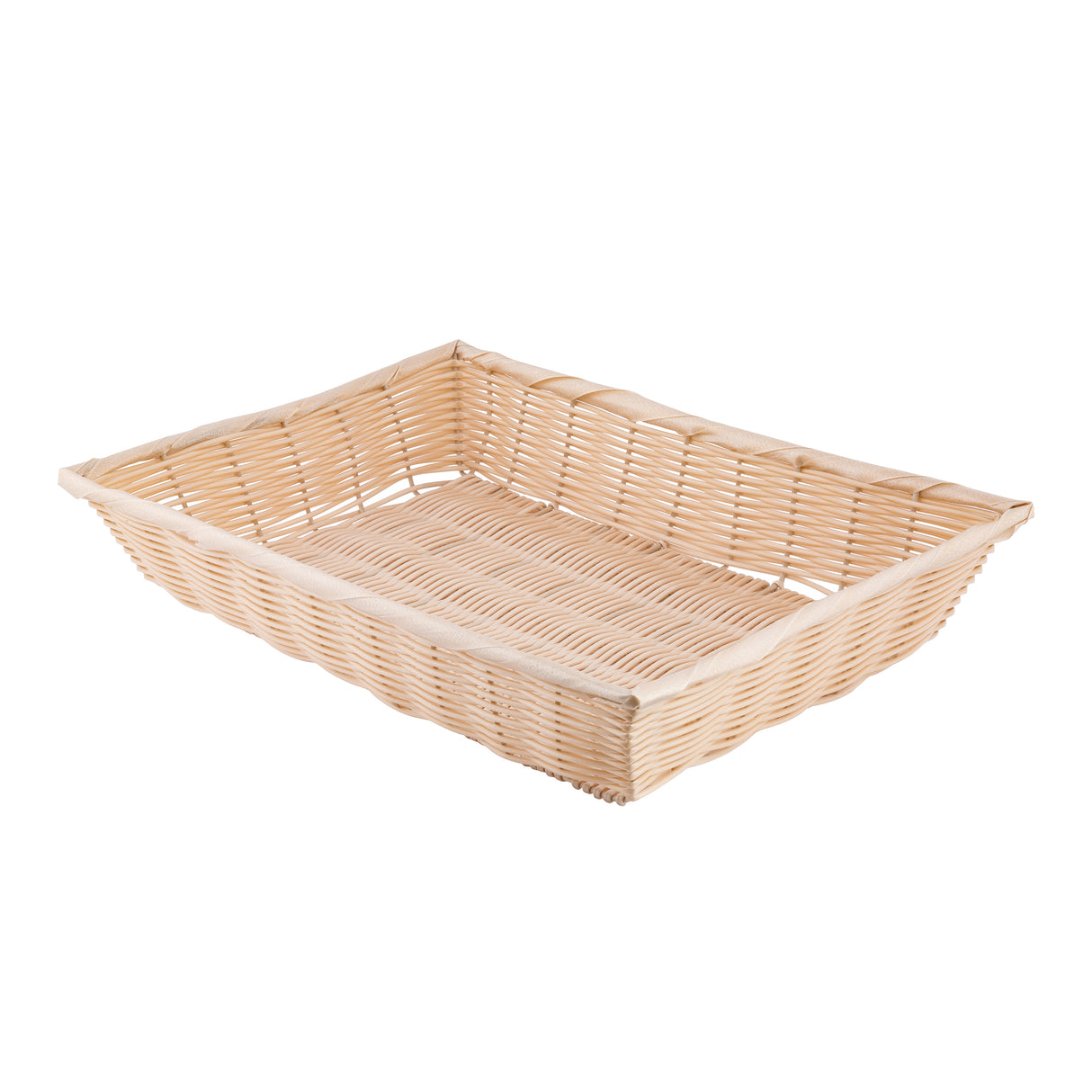 A rectangular, shallow hand-woven wicker basket with light tan weaving and slightly raised edges. The open-top basket features a flat bottom, showcasing its natural woven texture and pattern. It is empty and set against a white background.