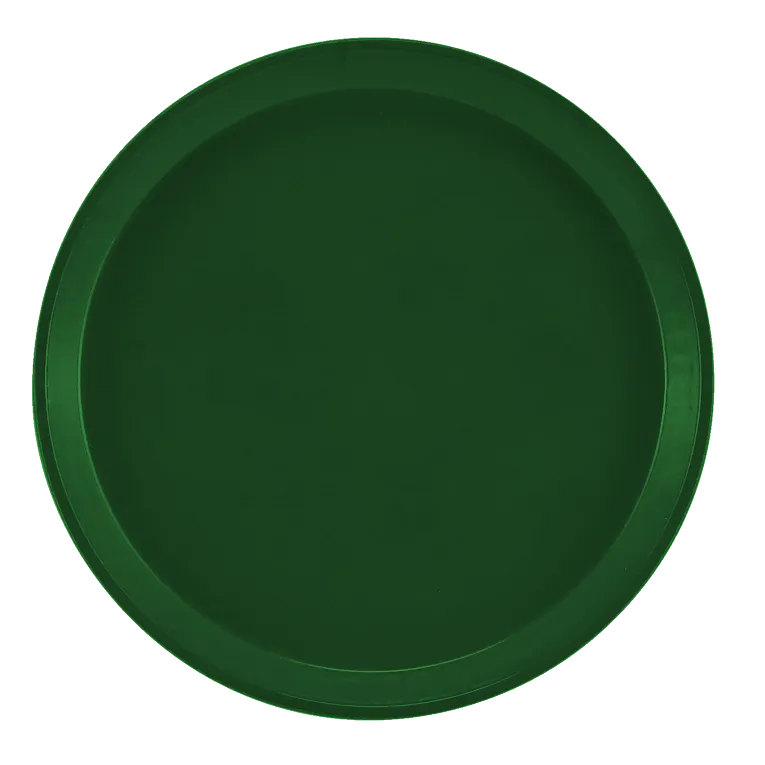 A round, deep green fiberglass tray with a subtle raised edge is shown from above against a plain white background. The unadorned and smooth surface creates a simple, modern look, and this dishwasher safe tray is perfect for everyday serving.