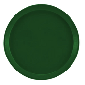 A round, deep green fiberglass tray with a subtle raised edge is shown from above against a plain white background. The unadorned and smooth surface creates a simple, modern look, and this dishwasher safe tray is perfect for everyday serving.