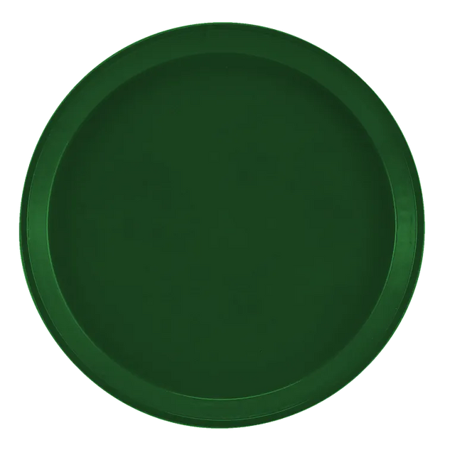 A round, deep green fiberglass tray with a subtle raised edge is shown from above against a plain white background. The unadorned and smooth surface creates a simple, modern look, and this dishwasher safe tray is perfect for everyday serving.