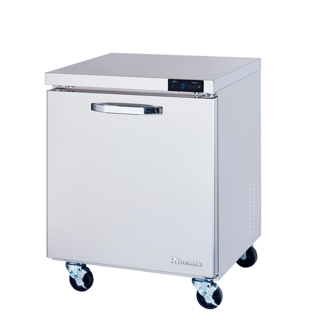 A Blue Air FSE undercounter freezer on four wheels features a single door, horizontal handle, and digital control panel on the upper right. Its smooth, reflective surface and one-section design highlight the True brand name at the bottom right.