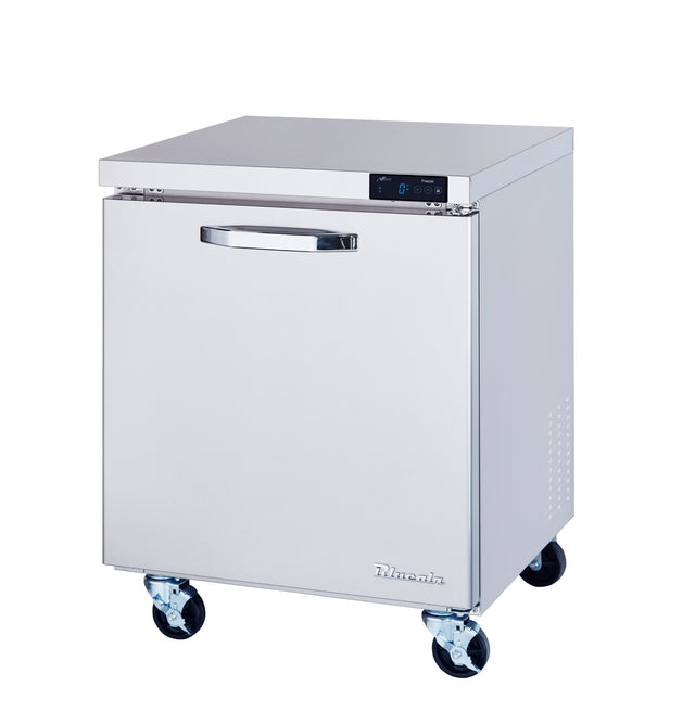 A Blue Air FSE undercounter freezer on four wheels features a single door, horizontal handle, and digital control panel on the upper right. Its smooth, reflective surface and one-section design highlight the True brand name at the bottom right.