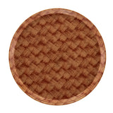 Round Serving Camtray featuring a brown, basket-weave pattern. This fiberglass tray has a glossy finish, is dishwasher safe, and its textured design offers a rustic look with wood-like shades of brown and a slightly raised edge.