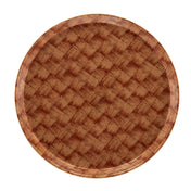 Round Serving Camtray featuring a brown, basket-weave pattern. This fiberglass tray has a glossy finish, is dishwasher safe, and its textured design offers a rustic look with wood-like shades of brown and a slightly raised edge.