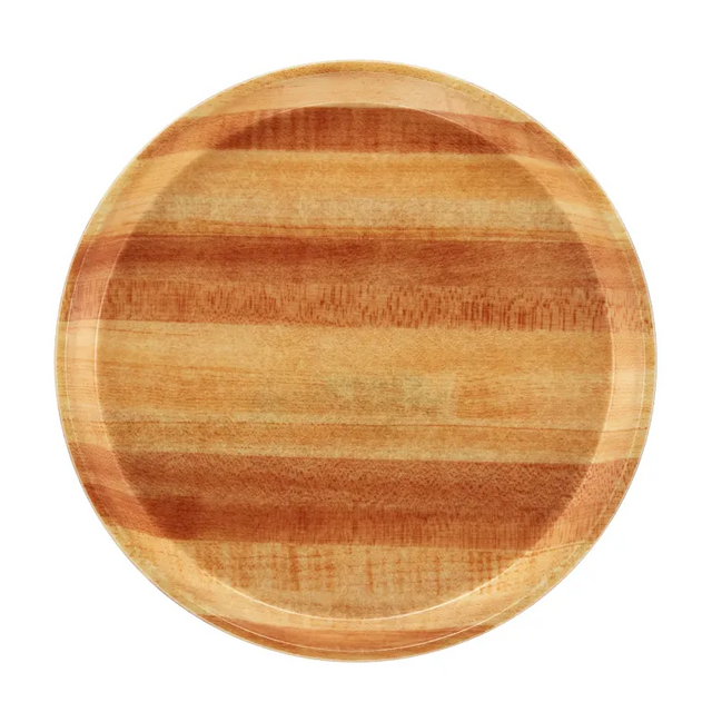 A round Serving Camtray with a glossy finish, featuring alternating light and dark wooden stripes for a natural, earthy look. Crafted from durable fiberglass tray material and NSF certified, it's photographed from above against a plain white background.