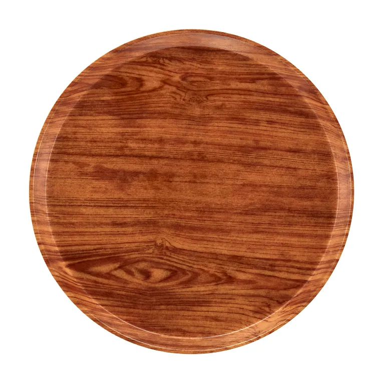 A 12 inch round serving Camtray featuring a smooth finish and visible wood grain patterns. The reddish-brown fiberglass tray has a slightly raised rim, with an unadorned surface that highlights the natural wood texture.