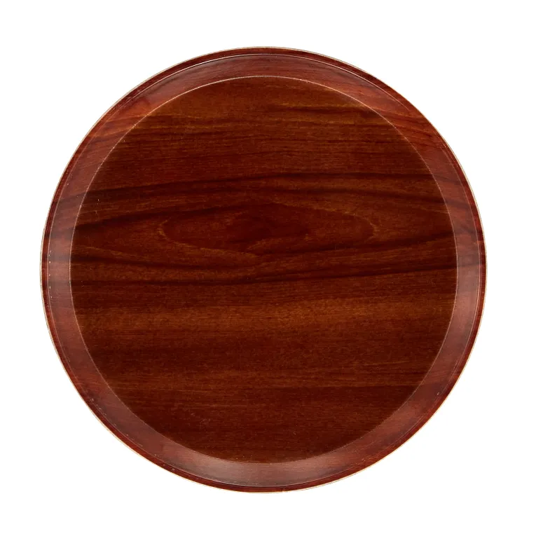 A round, glossy wooden serving Camtray with a rich reddish-brown finish and visible wood grain patterns. The tray features a slight rim around the edge and is set against a plain white background.