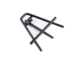 A black powder-coated metal rack with tubular bars, angled upward, featuring two parallel rods attached to a horizontal frame. This resembles a mounting accessory or a steel card holder easel, isolated on a white background.