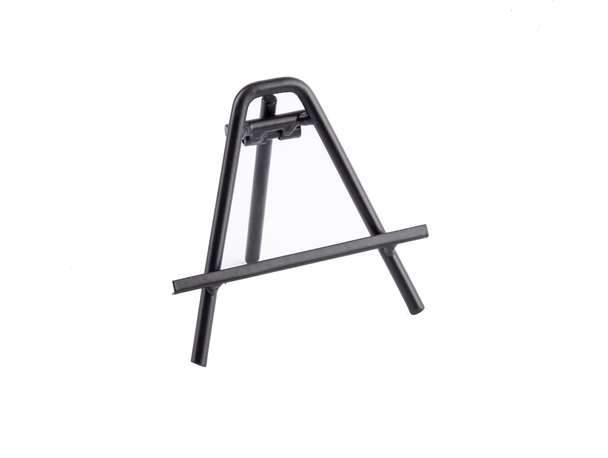 A small, black powder-coated metal tabletop easel stands on a white background. This steel card holder easel has three legs, a horizontal support bar, and features clean lines with a lightweight, minimalist frame.