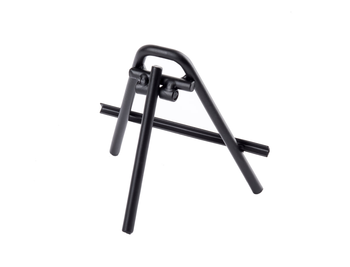 A black powder-coated metal tripod stand with three legs and a horizontal support bar, positioned on a white background. The minimalistic A-frame design features simple, rounded tubing and can be used as a steel card holder easel.