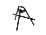 A black powder-coated metal tripod stand with three legs and a horizontal support bar, positioned on a white background. The minimalistic A-frame design features simple, rounded tubing and can be used as a steel card holder easel.