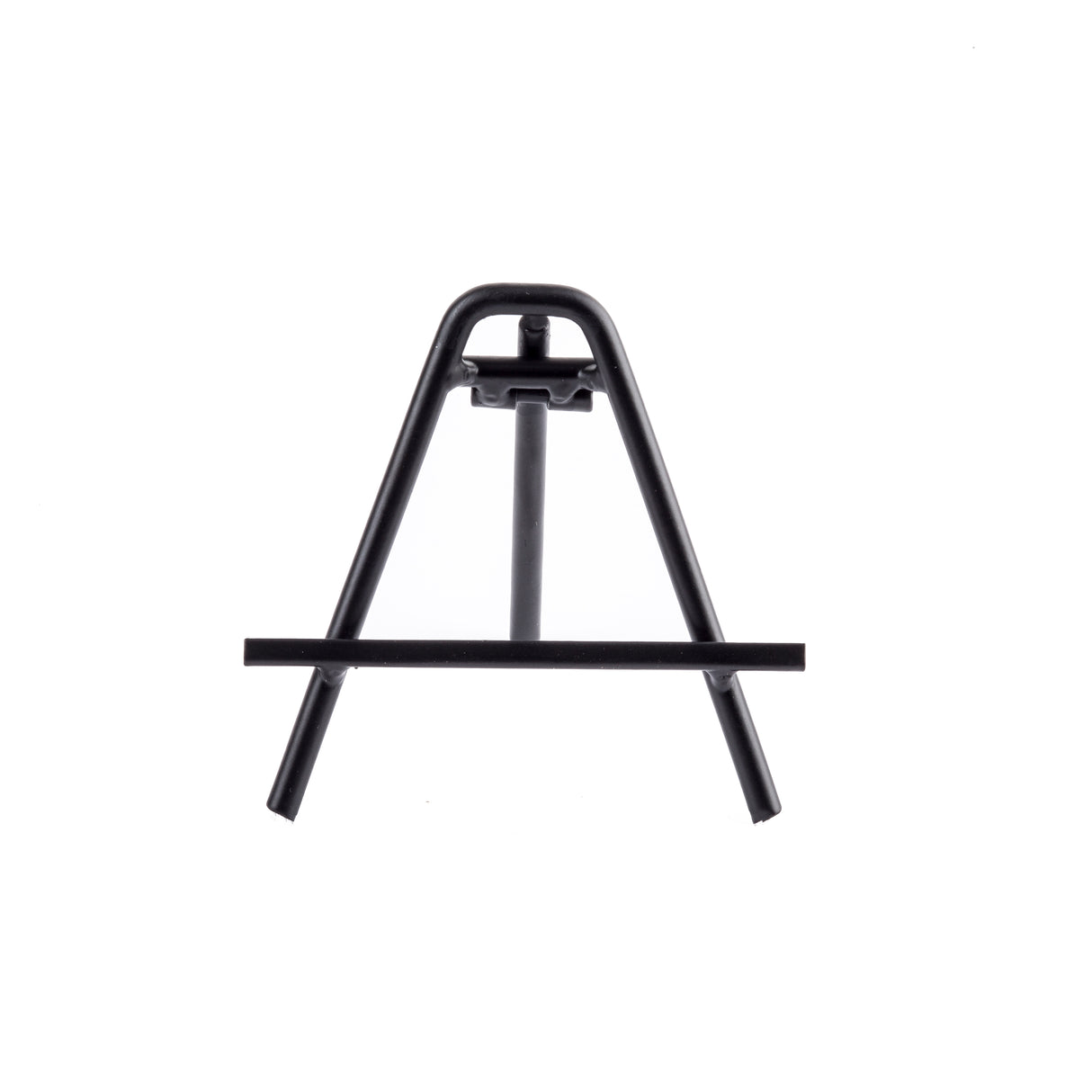 A small, black powder-coated metal easel stands on a white background. This minimalistic card holder easel features an A-frame shape, a horizontal support bar for displaying items, and rubber-tipped feet angled outward for stability. Photographed from the front.