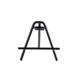A small, black powder-coated metal easel stands on a white background. This minimalistic card holder easel features an A-frame shape, a horizontal support bar for displaying items, and rubber-tipped feet angled outward for stability. Photographed from the front.