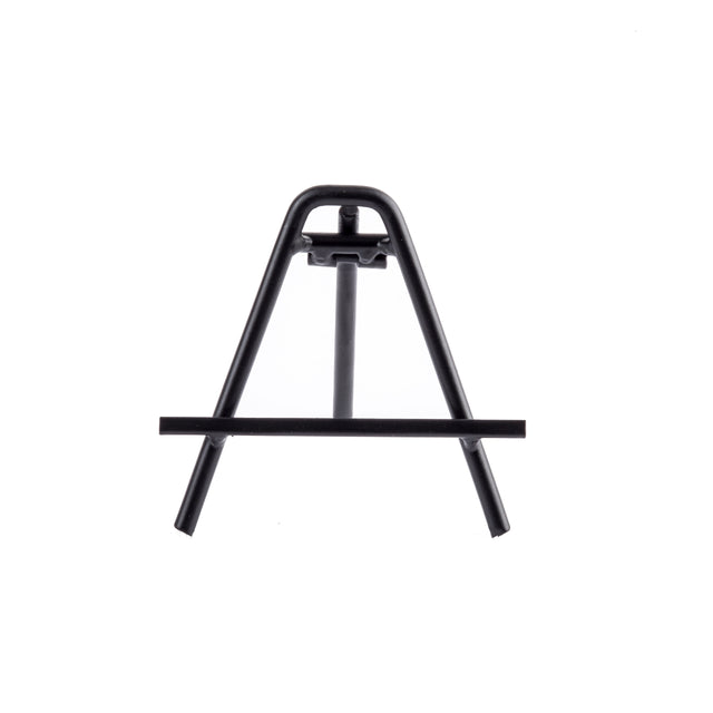 A small, black powder-coated metal easel stands on a white background. This minimalistic card holder easel features an A-frame shape, a horizontal support bar for displaying items, and rubber-tipped feet angled outward for stability. Photographed from the front.