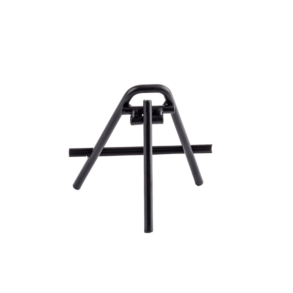 A black powder-coated metal wire stand with three legs—two angled backward, one forward—supports a horizontal bar at the base; serves as a sleek steel card holder easel, shown on a white background.