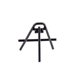 A black powder-coated metal wire stand with three legs—two angled backward, one forward—supports a horizontal bar at the base; serves as a sleek steel card holder easel, shown on a white background.