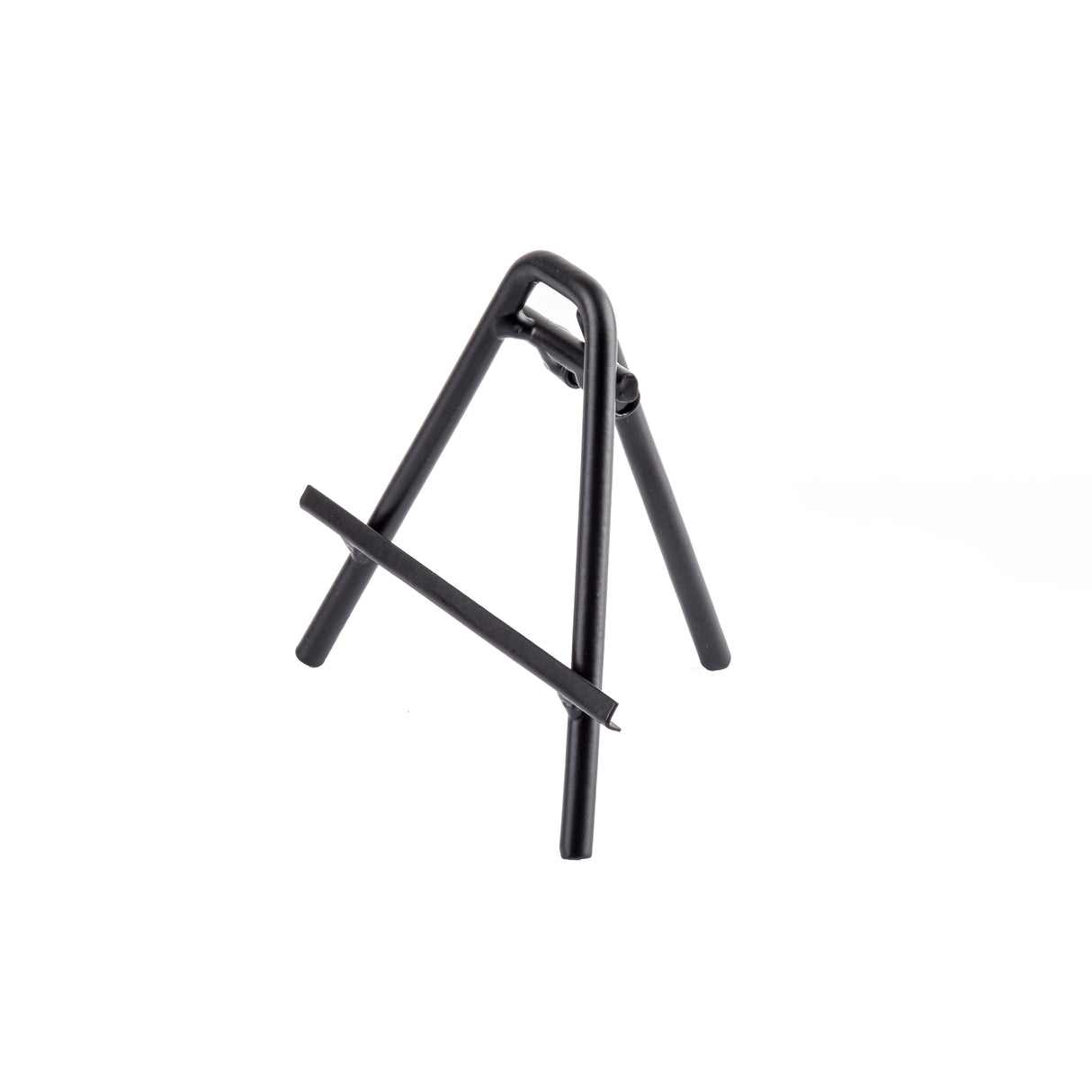 A small, black powder-coated, tripod-style metal stand with three legs and a horizontal support bar, photographed on a white background. This steel card holder resembles a mini easel, ideal for displaying phones, tablets, or cards.
