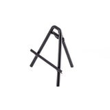 A small, black powder-coated, tripod-style metal stand with three legs and a horizontal support bar, photographed on a white background. This steel card holder resembles a mini easel, ideal for displaying phones, tablets, or cards.