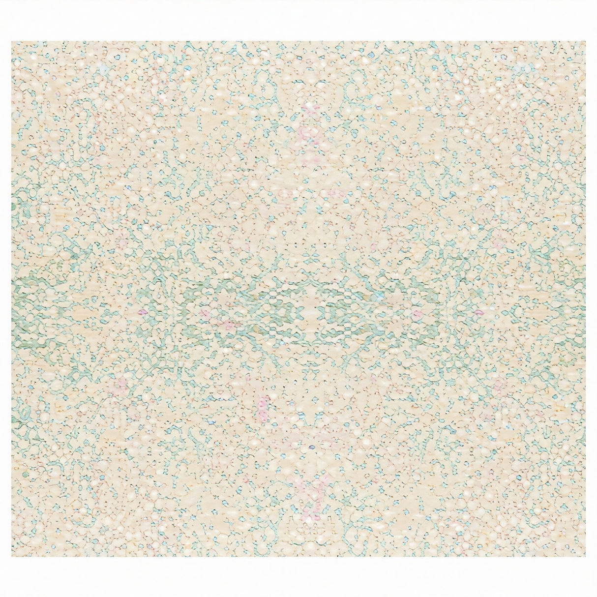 A square abstract pattern with a cream background adorns this fiberglass tray, overlaid with clusters of pale blue, pink, and tan dots in a soft, watercolor-like effect. The design is symmetrical and subtle—perfect for a stylish Serving Camtray that’s dishwasher safe.