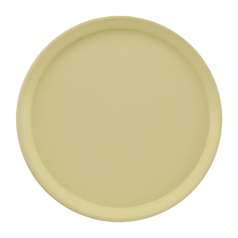A round, flat Serving Camtray with a raised edge, shown from above. This light yellow fiberglass tray features a smooth, matte finish and is dishwasher safe, set against a plain white background.