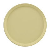 A round, flat Serving Camtray with a raised edge, shown from above. This light yellow fiberglass tray features a smooth, matte finish and is dishwasher safe, set against a plain white background.