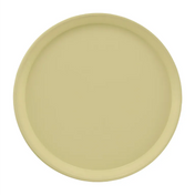 A round, flat Serving Camtray with a raised edge, shown from above. This light yellow fiberglass tray features a smooth, matte finish and is dishwasher safe, set against a plain white background.