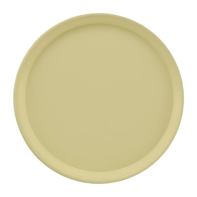 A round, flat Serving Camtray with a raised edge, shown from above. This light yellow fiberglass tray features a smooth, matte finish and is dishwasher safe, set against a plain white background.