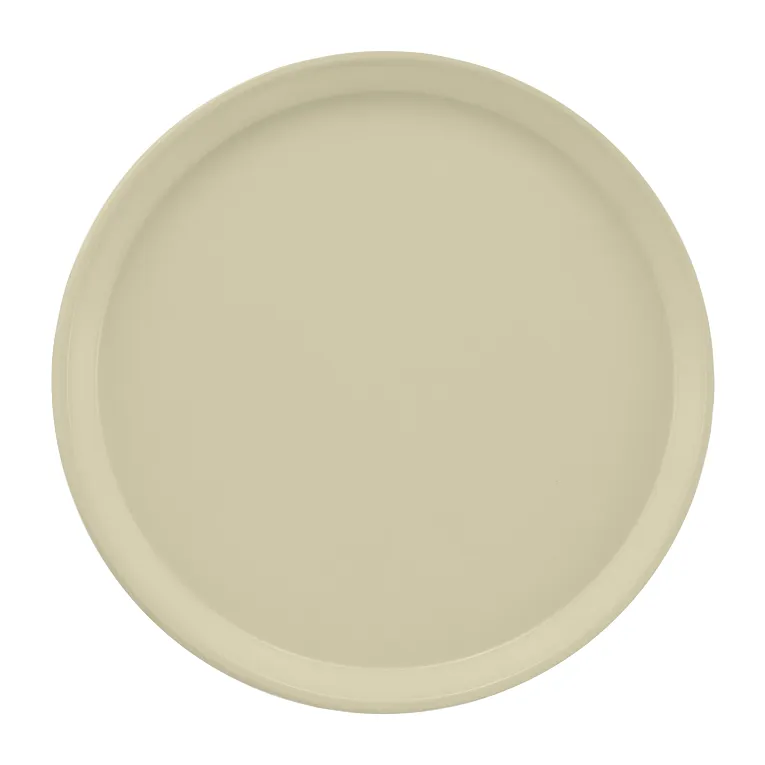 A round, plain, beige Serving Camtray plate with a slightly raised rim, photographed from above against a white background. The fiberglass tray has a smooth, matte finish and is dishwasher safe with no visible patterns or decorations.