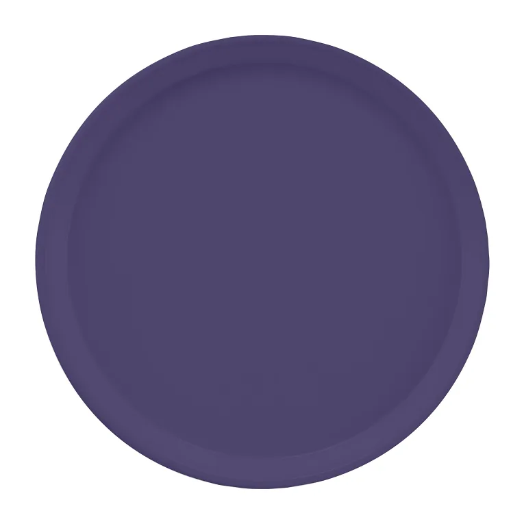 A plain, round plate is shown with a matte, solid deep purple color, resembling a classic Serving Camtray. The plate has a slightly raised rim and is set against a white background, free of patterns or textures.