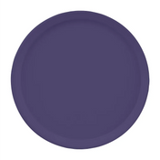 A plain, round plate is shown with a matte, solid deep purple color, resembling a classic Serving Camtray. The plate has a slightly raised rim and is set against a white background, free of patterns or textures.