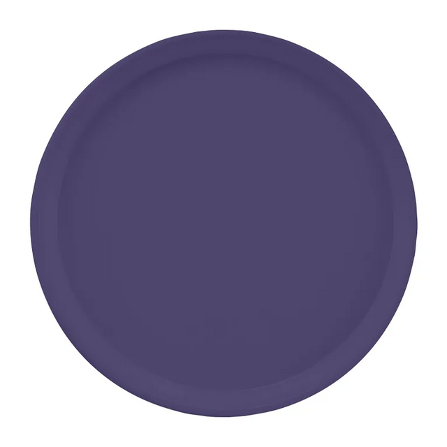 A plain, round plate is shown with a matte, solid deep purple color, resembling a classic Serving Camtray. The plate has a slightly raised rim and is set against a white background, free of patterns or textures.