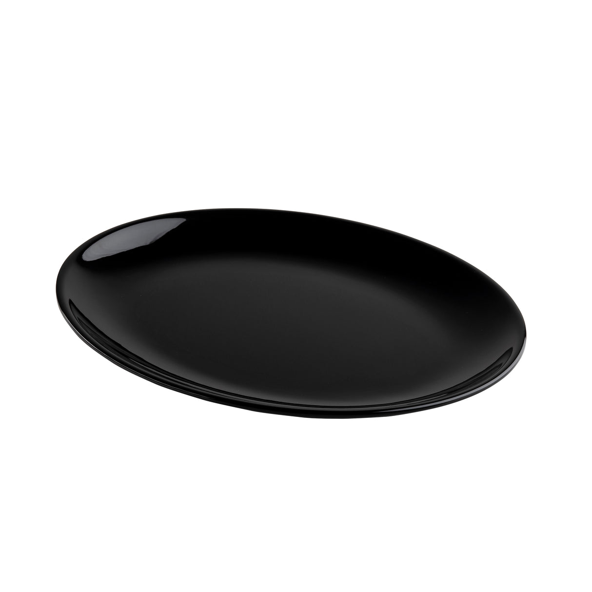 A smooth, glossy, black oval serving platter is shown on a white background. The plate has a slightly raised rim and a simple, modern design. Light reflections highlight its shiny finish, making it perfect for stylish presentations.