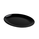A smooth, glossy, black oval serving platter is shown on a white background. The plate has a slightly raised rim and a simple, modern design. Light reflections highlight its shiny finish, making it perfect for stylish presentations.