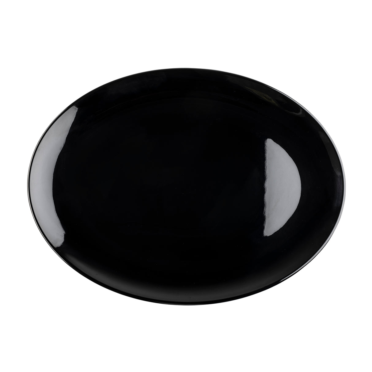 A glossy, black, round ceramic plate is shown from above against a white background. Light reflections highlight its sleek look, reminiscent of the Sierra Collection Serving Platter. The plate is empty, emphasizing its smooth, shiny surface.